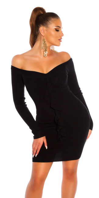 boat neck knitted dress with ruffle detail Black